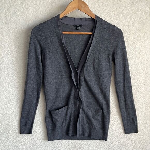 Ann Taylor Cardigan Womens XS Petite Merino Wool Grey V Neck Grosgrain Sweater - Picture 1 of 6